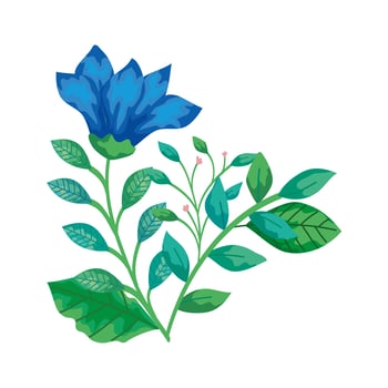 cute flower blue with branches and leafs isolated icon vector