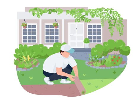 Courtyard greening, lawn care 2D vector web banner, poster