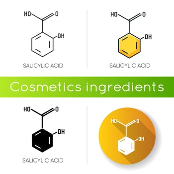 Salicylic acid icon. Chemical sequence. Molecular formula. Skincare component. vector