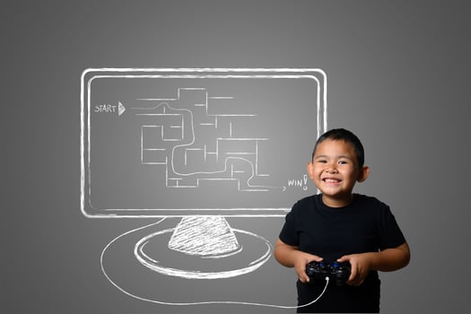 Young boy plays fun strategy games, abstract concept photo