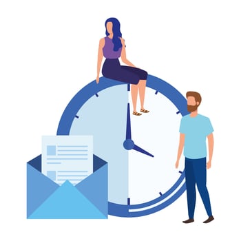 young couple with time clock characters vector