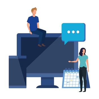 young couple with desktop characters vector