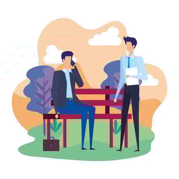 elegant businessmen calling with cellphones in the park chair vector