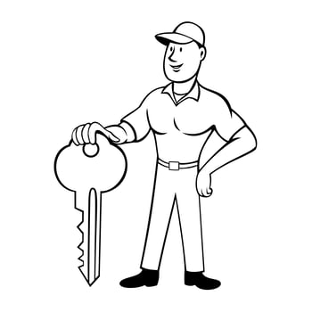 Locksmith or Keymaker Standing and Holding Key Front View Cartoon Black and White vector