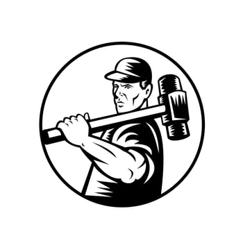 Demolition Worker Retro with Sledge Hammer Black and White vector