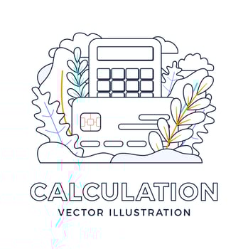 Calculator and credit card vector stock illustration isolated on a white background. The concept of paying taxes, calculating expenses and income, paying bills. Front side of card with calculator.