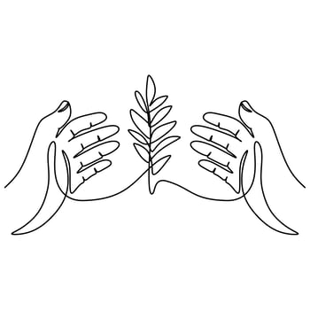 One line drawing of sprout in hand. Seedlings grow in the hands of trees. vector