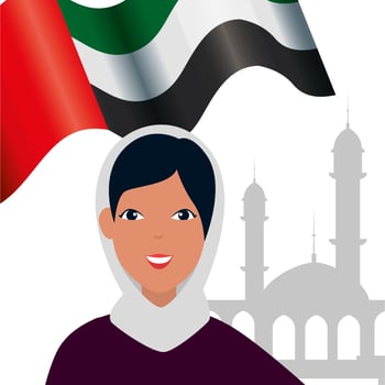 islamic woman with traditional burka and arab flag in mosque vector