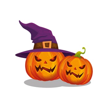 halloween pumpkins with witch hat vector