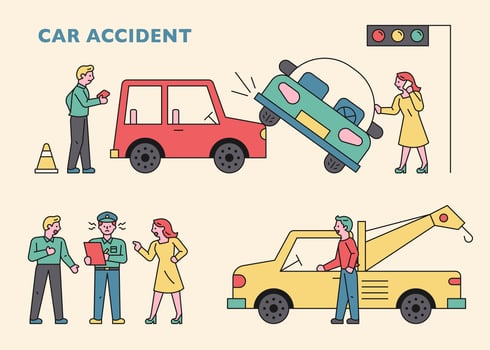 An insurance company employee and a tow truck came after a car accident. vector