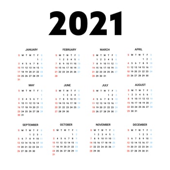 Calendar 2021 Isolated on White Background. Week starts from Sunday. Vector Illustration.