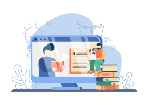 E learning concept. man teaching on screen with a book, man watching online class. online education, home schooling, online book, distance education and online business school .isolated illustration vector
