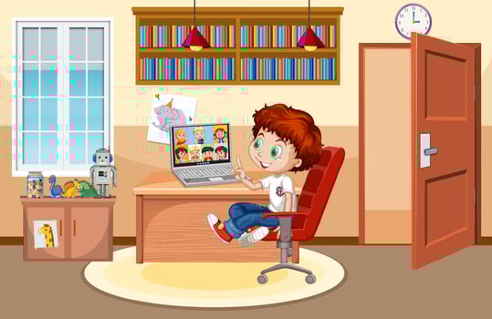 A boy communicate video conference with friends at home scene vector