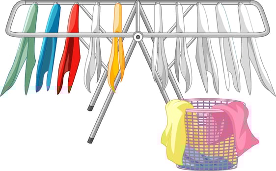 Hanging clothes with laundry basket on white background vector