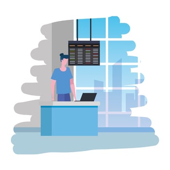 man working in airport with computer scene vector