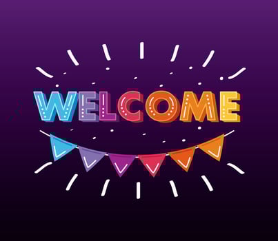 welcome label lettering with garland hanging in purple background vector