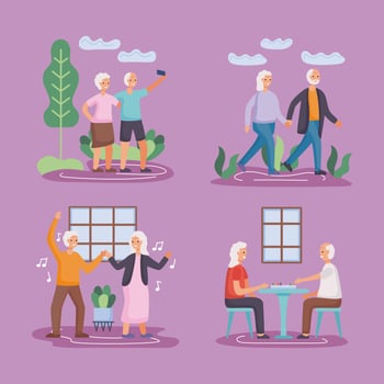 group of four active seniors couples practicing activities vector