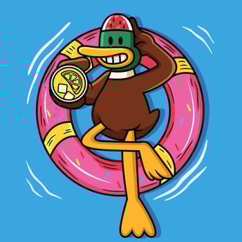 Cute Duck Swimming With Tube And Holding Juice Cartoon vector