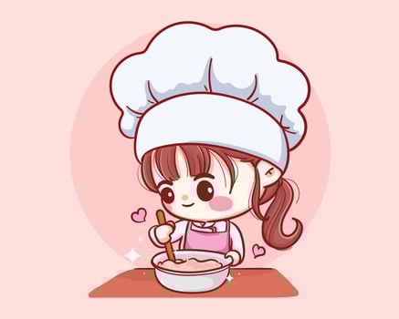 Cute Bakery chef girl Cooking smiling cartoon art illustration vector