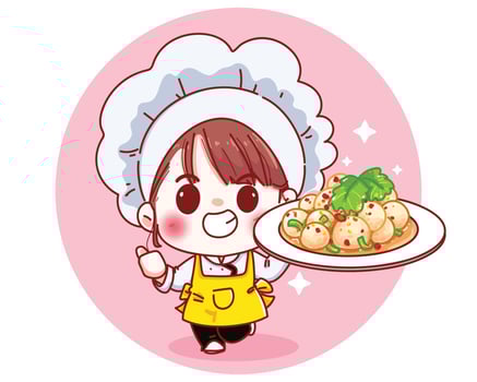 Chef cute with Spicy meatball salad cartoon illustration vector
