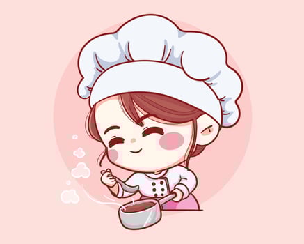 Cute Bakery chef girl taste smiling cartoon art illustration vector