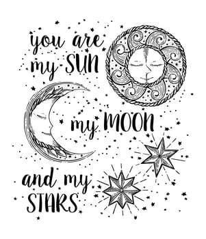 Hand drawn Sun, Moon and Stars in vintage style vector