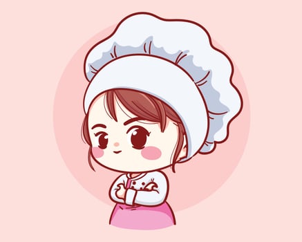 Cute Bakery chef girl arms crossed smiling cartoon art illustration vector