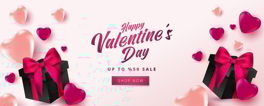 Valentine's Day Sale 50 off Poster or banner with hearts and realistic gift box on soft pink background. Shopping and promotion template for Valentine's day concept design. vector