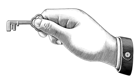 Human hand holding key drawing vintage style black and white art isolated on white background vector