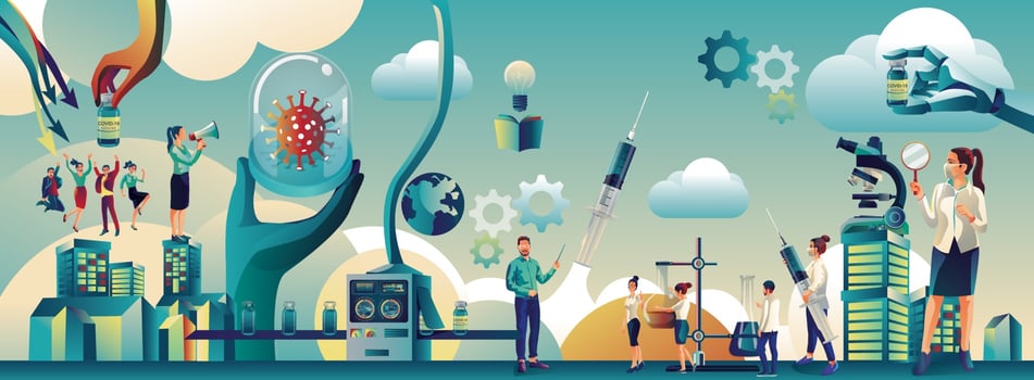 Medical team and scientist have discovered the COVID-19 vaccine, laboratory test, syringe, a vaccine vial, working on the test. vaccine development Ready for treatment illustration, vector flat design