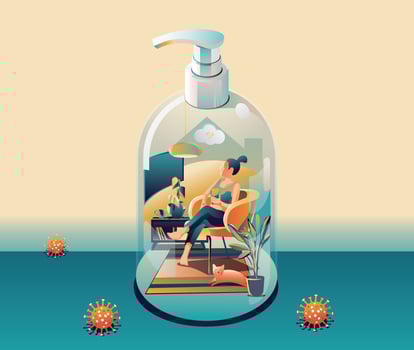Staying at Home, Quarantine concept. Coronavirus, COVID-19. People in house in shape of gel alcohol bottle on green background with many viruses around. Vector Flat Design