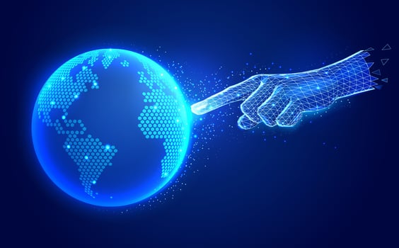 Artificial intelligence digital communication technology concept. Finger hand touch digital global map polygonal wireframe vector illustrations.