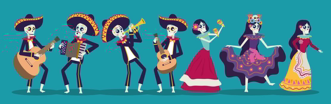 dia de los muertos card with mariachis and catrina skuls vector