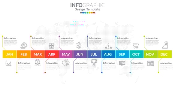 Timeline infographic template with 12 label, 12 months 1 year with steps and options. vector