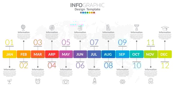 Timeline infographic template with 12 label, 12 months 1 year with steps and options. vector