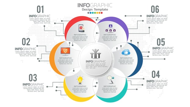 Infograph 6 step color element with circle graphic chart diagram, business graph design. vector