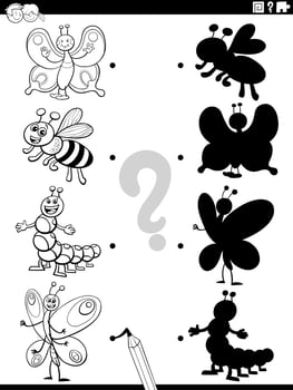 shadow task with cartoon insects coloring book page vector