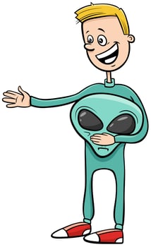 boy in alien costume at Halloween party cartoon illustration vector