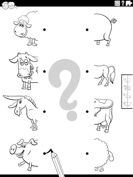 match halves of farm animals pictures coloring book page vector