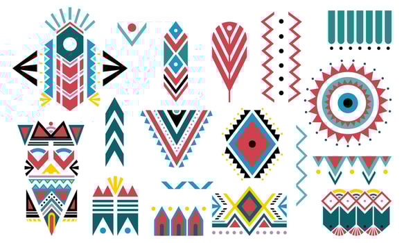 Boho colorful. Set of tribal decorative elements isolated on white background. vector