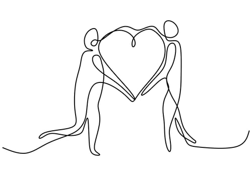 One continuous line drawing of hands showing love sign. Hands woman and man holding together minimalism design isolated on white background. Love story concept. Vector illustration