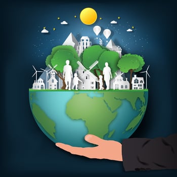 Paper cut style of hand holding earth vector