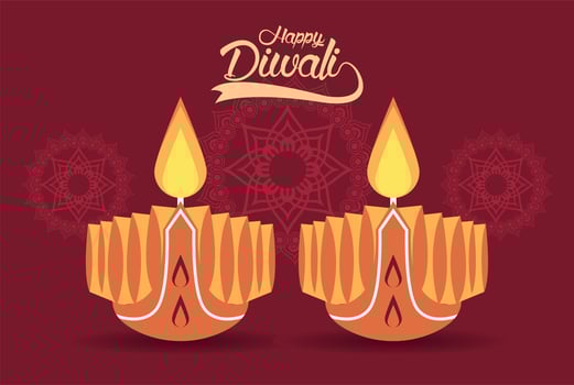 happy diwali celebration with two candles and mandalas vector