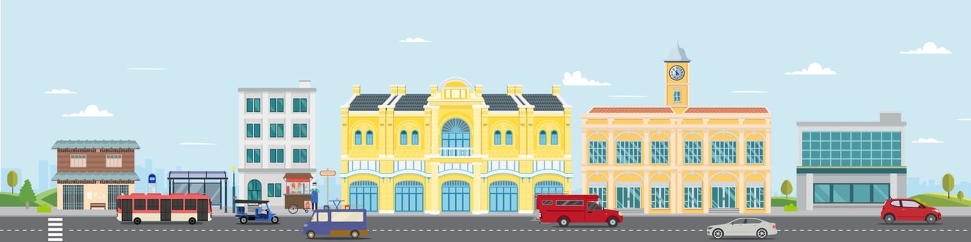Thai culture street with vintage building and market. Vector illustration. Cars driving city street panorama Thailand urban. Facade city and car. Thai classic home. City scape with sky background.
