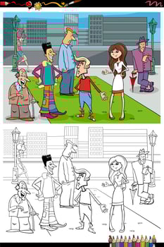cartoon people group in the city coloring book page vector
