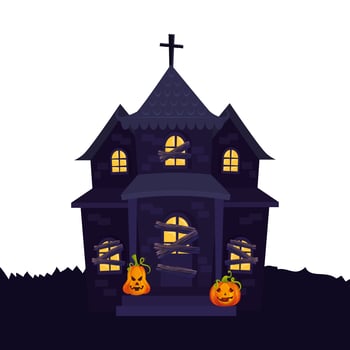 haunted house halloween with pumpkins vector