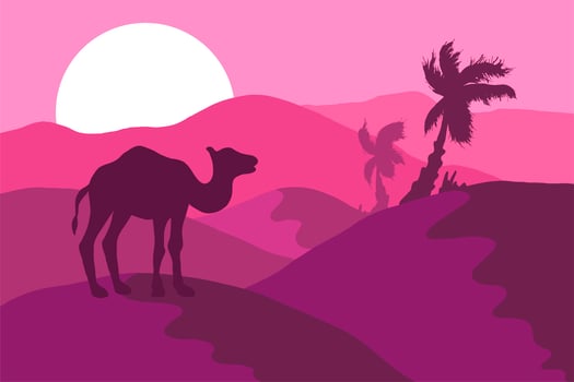 Desert landscape with camel silhouette flat illustration vector