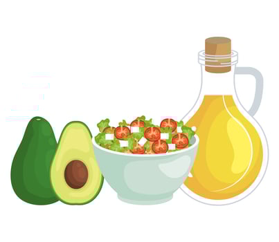 ceramic bowl vegetables salad with olive oil and avocado vector