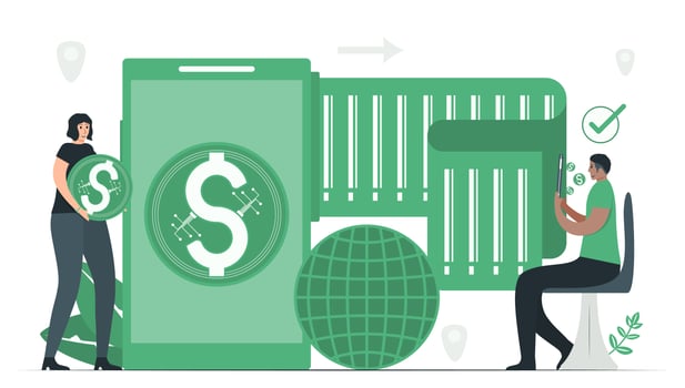 The man uses digital money to buy something from woman. vector