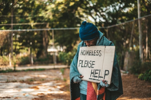 Beggar stands on the street with please help sign photo